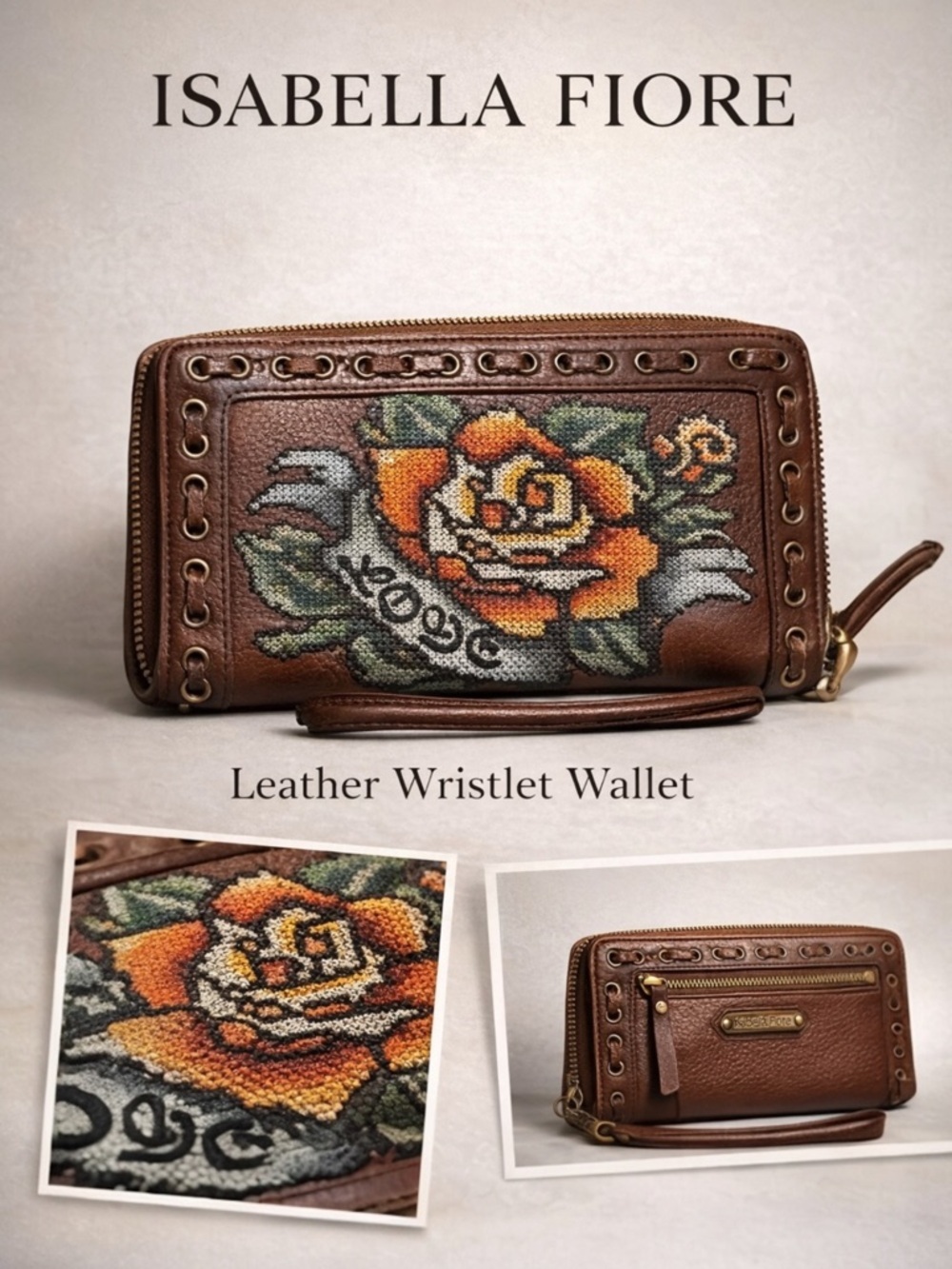 Isabella Fiore Leather Wristlet Wallet Boho Cross Stitch Rose Zip Around Vintage